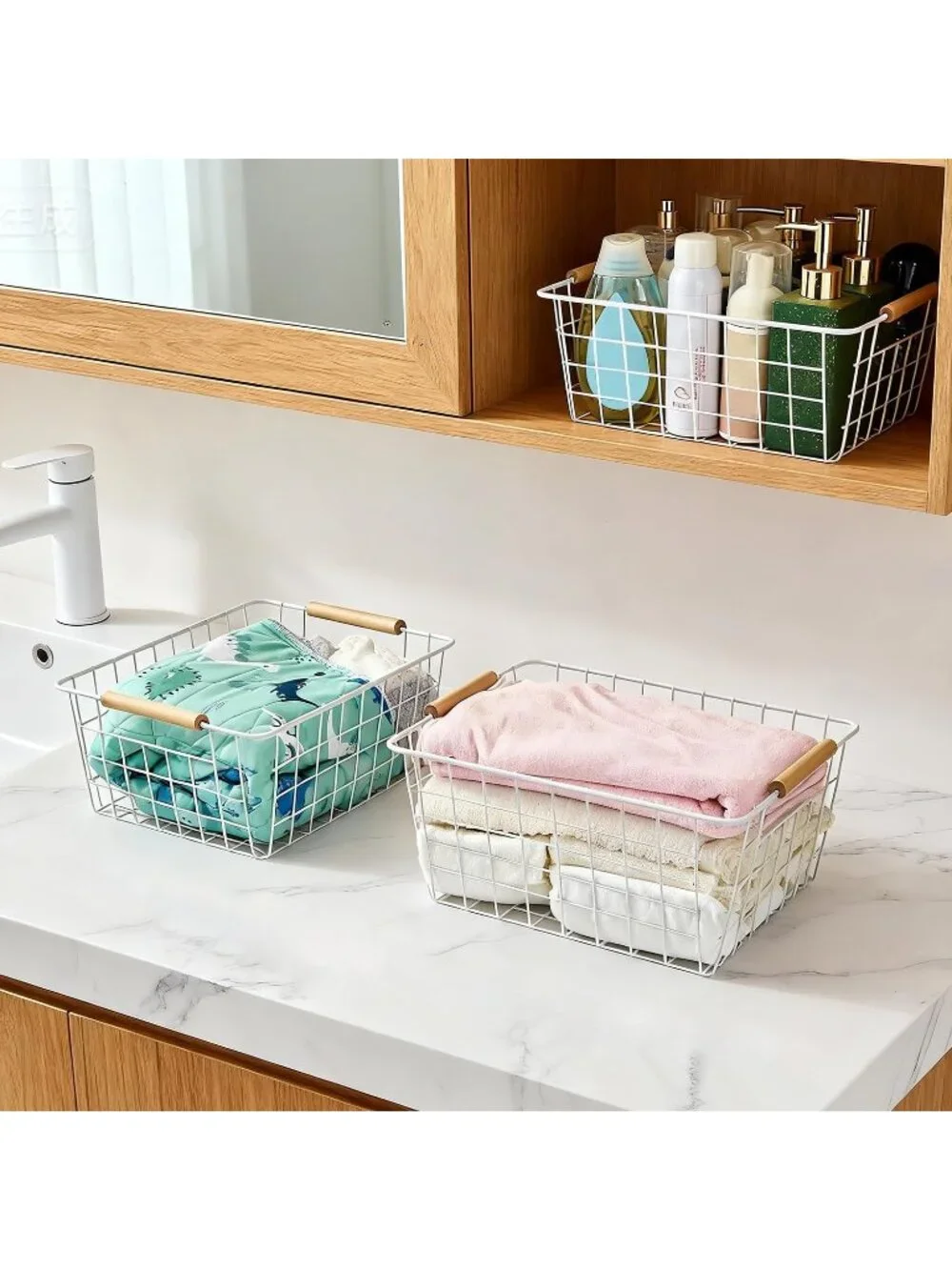 New Set of 2 White Wire Storage Baskets with Wooden Handles Pantry Organizer